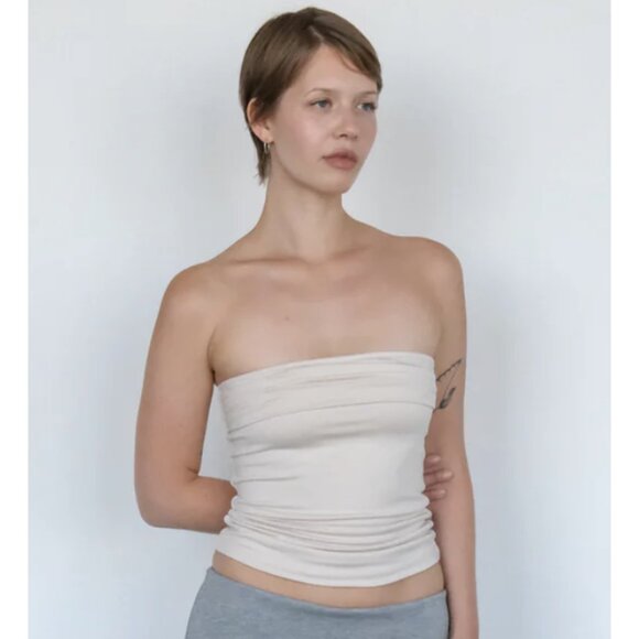 GEEL Mila Tube Top in Oat 90s Minimalist Stretch Neutral Granola - Size XS NWT - Picture 2 of 11